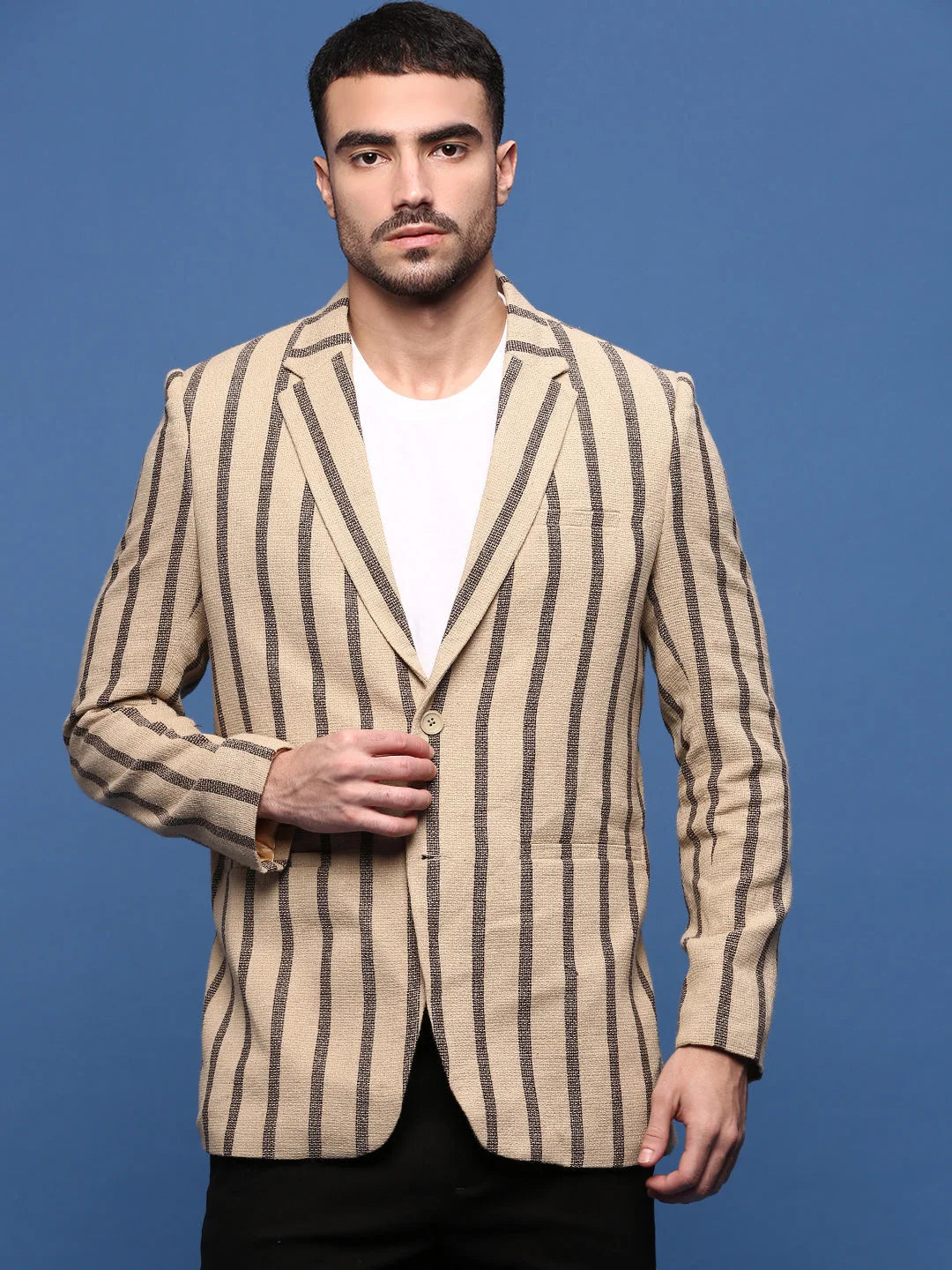 Beige Striped Modi Jacket - Cotton Nehru Jackets for Men