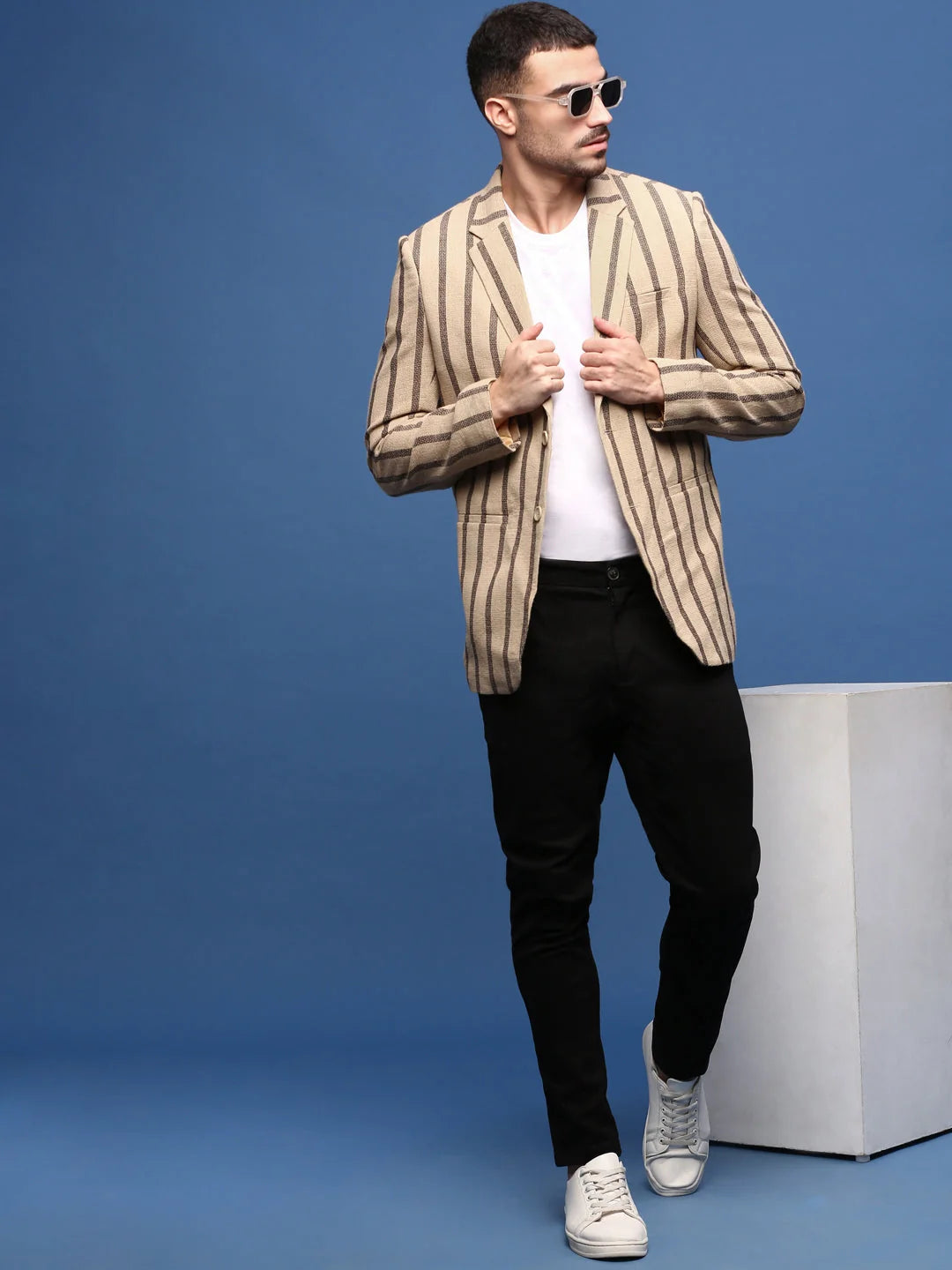 Beige Striped Modi Jacket - Cotton Nehru Jackets for Men