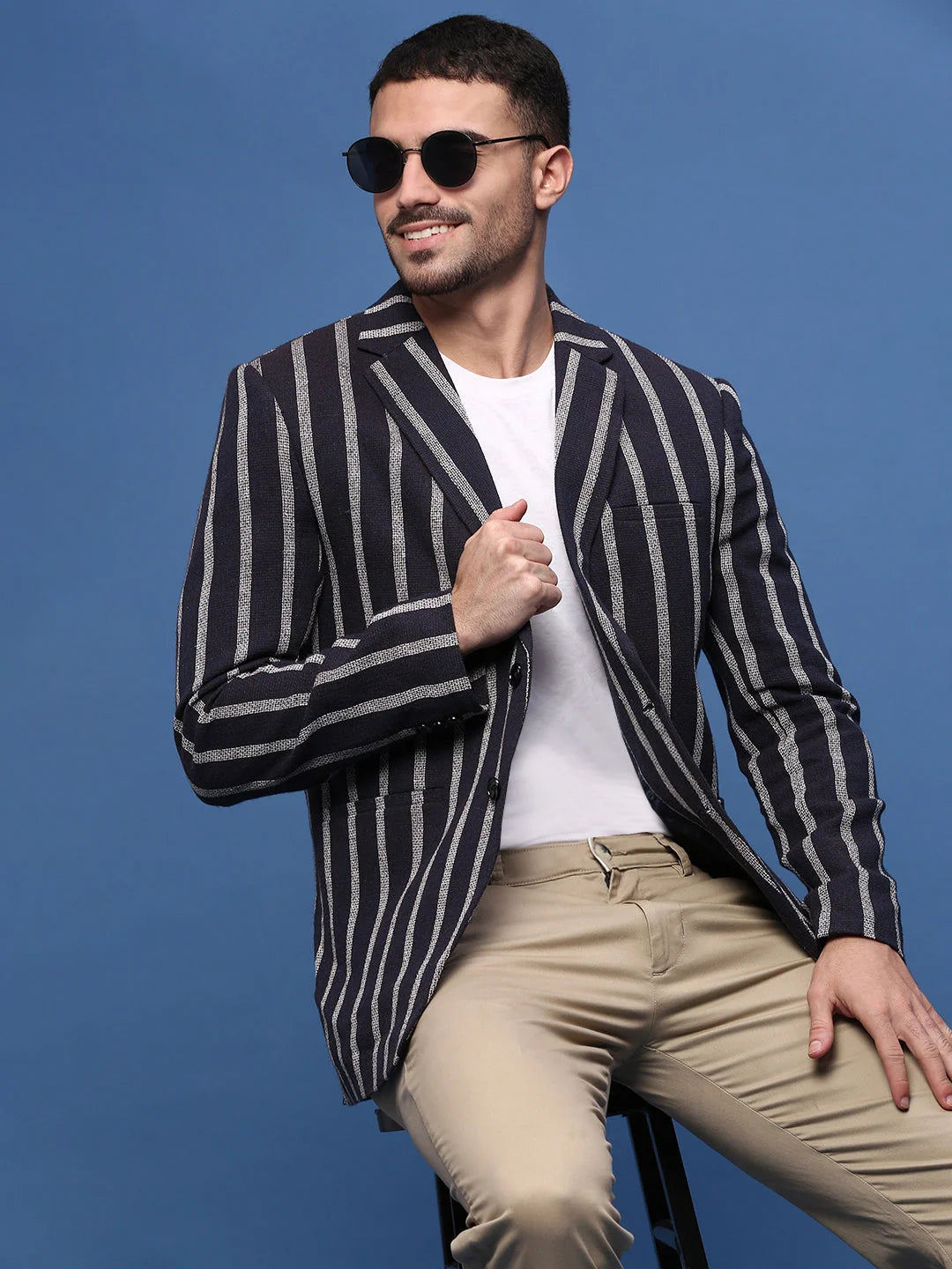 Navy Striped Slim Fit Blazer - Contemporary Men's Ethnic Wear