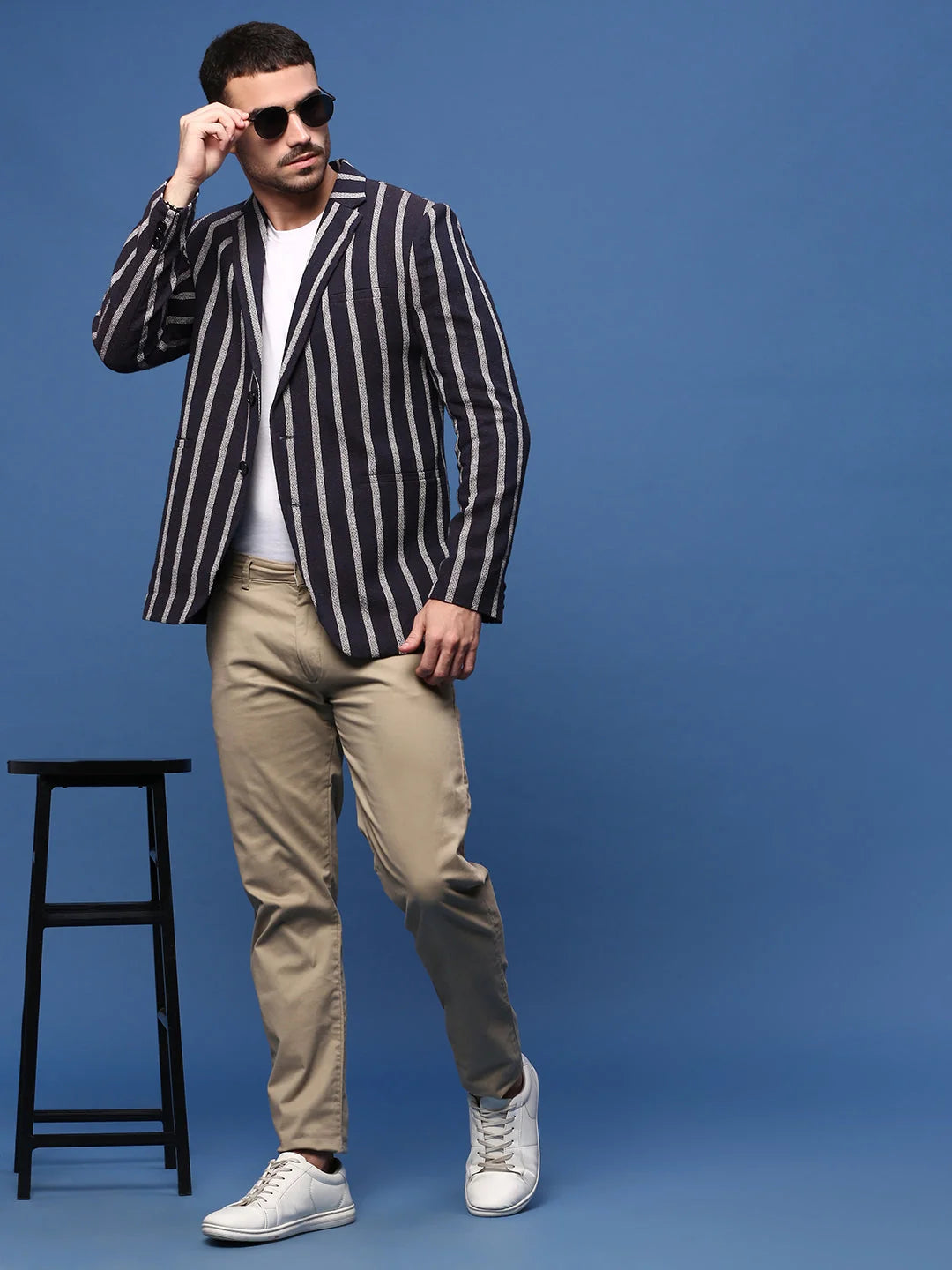 Navy Striped Slim Fit Blazer - Contemporary Men's Ethnic Wear