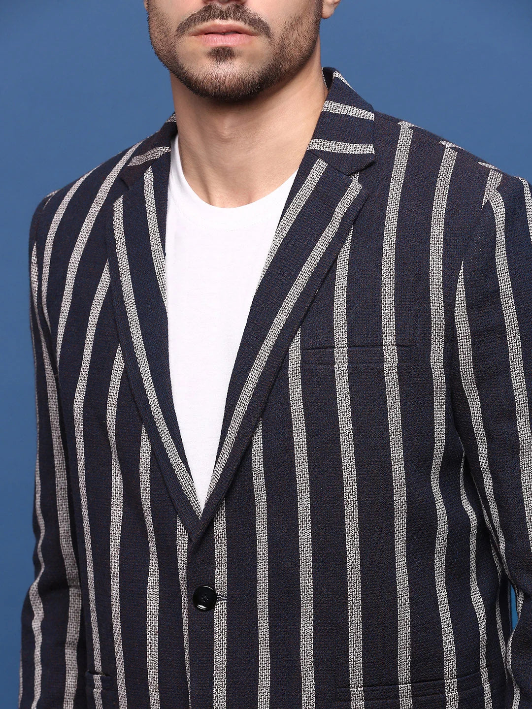 Navy Striped Slim Fit Blazer - Contemporary Men's Ethnic Wear