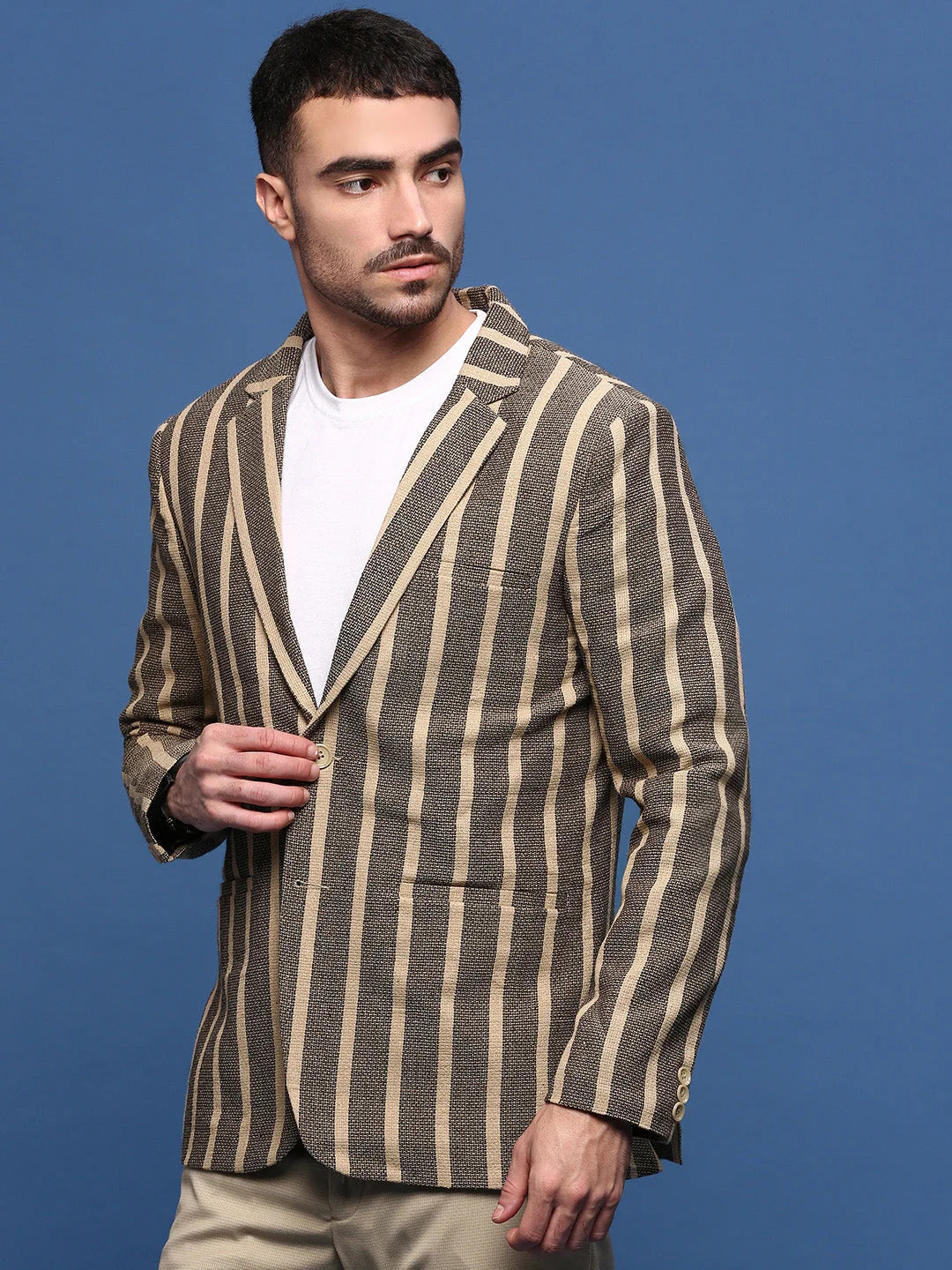 Beige Striped Nehru Jacket: Men's Ethnic Wear | DesiQlo