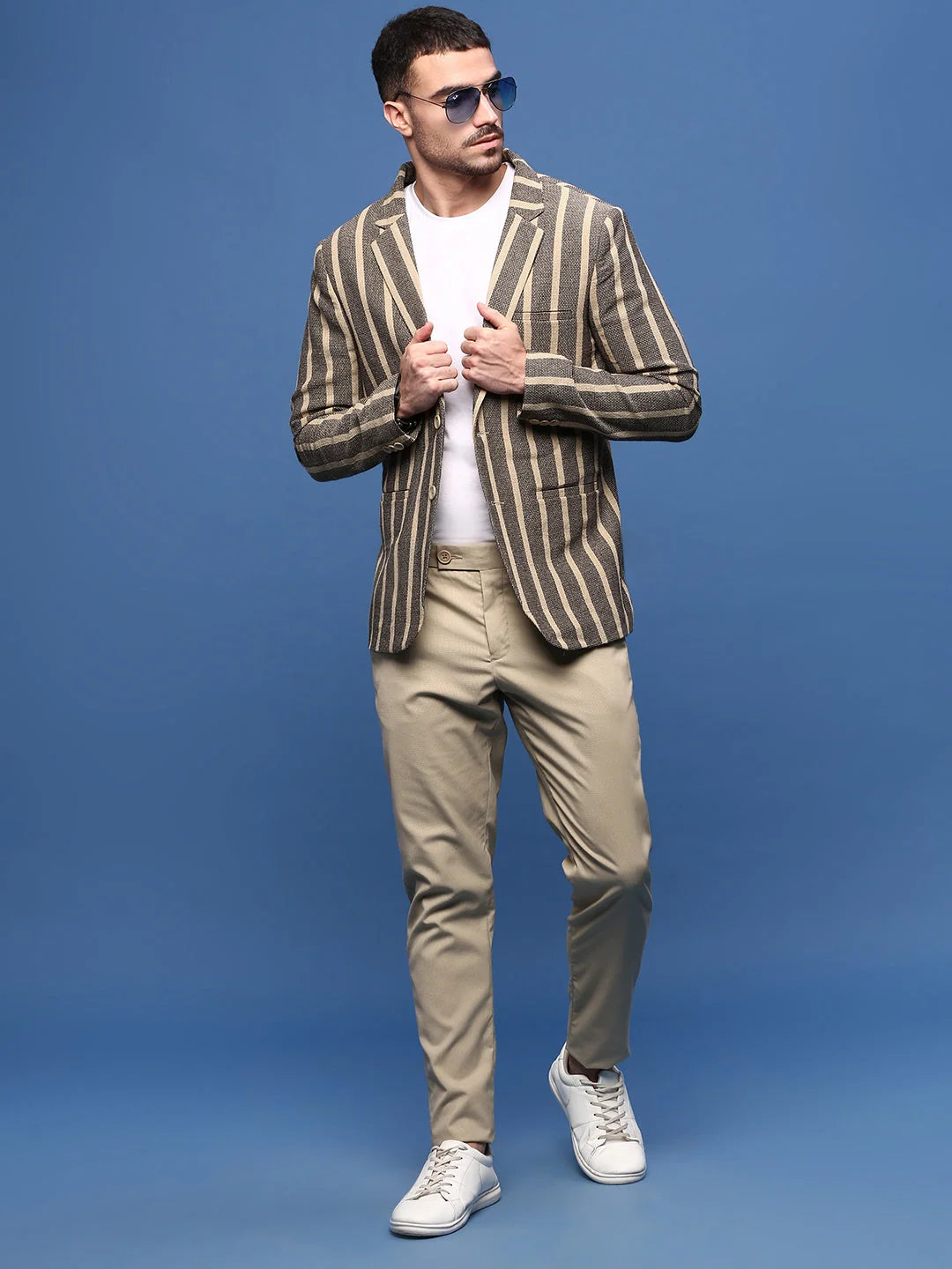 Beige Striped Nehru Jacket: Men's Ethnic Wear | DesiQlo