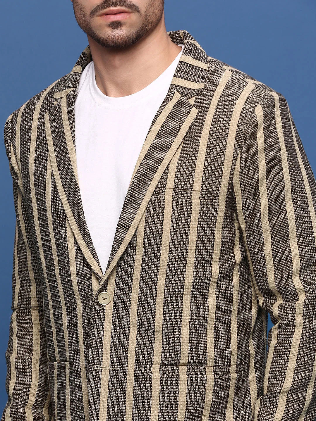 Beige Striped Nehru Jacket: Men's Ethnic Wear | DesiQlo
