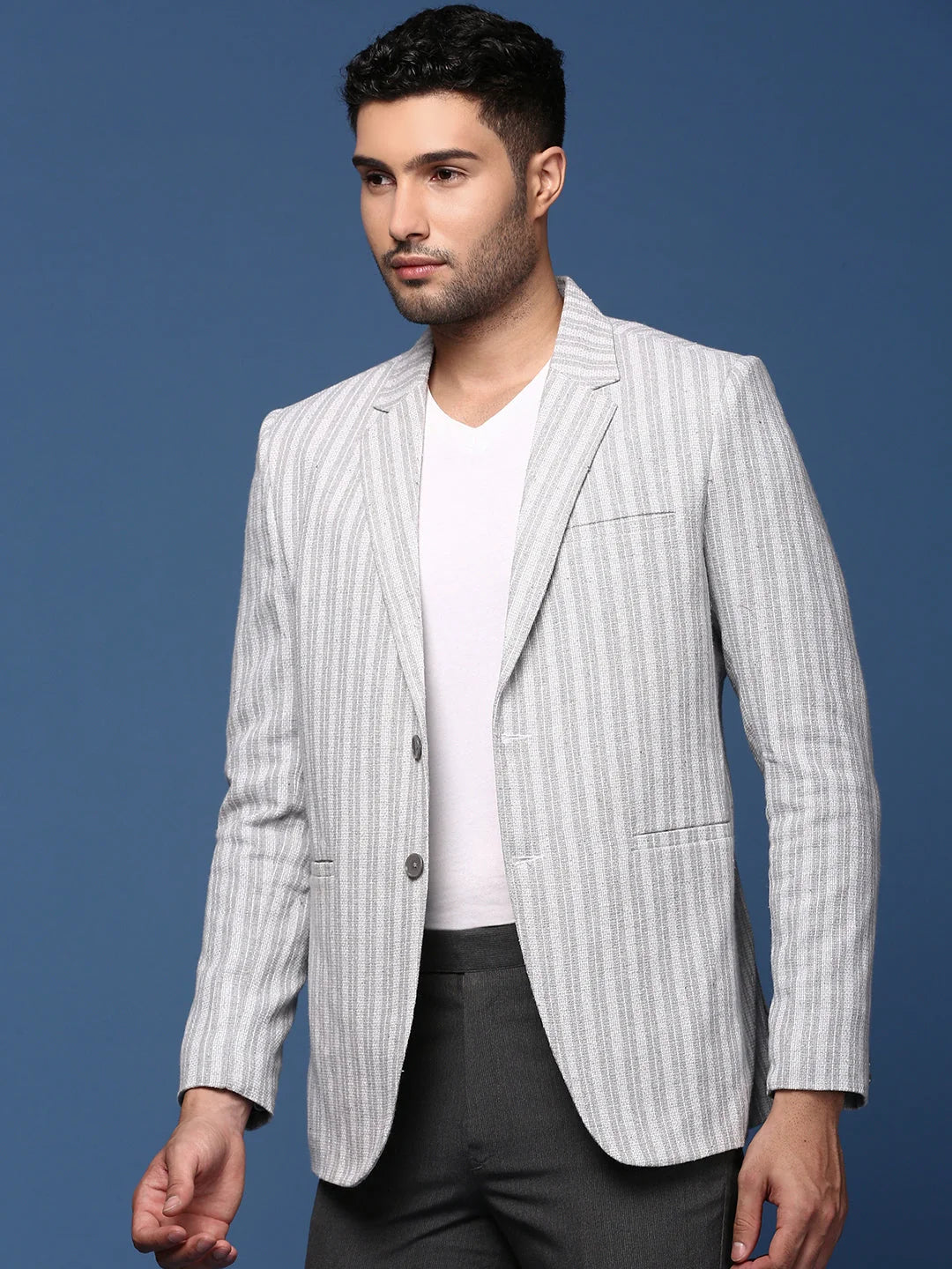 Grey Striped Cotton Indian Nehru Jacket | Modi Jacket