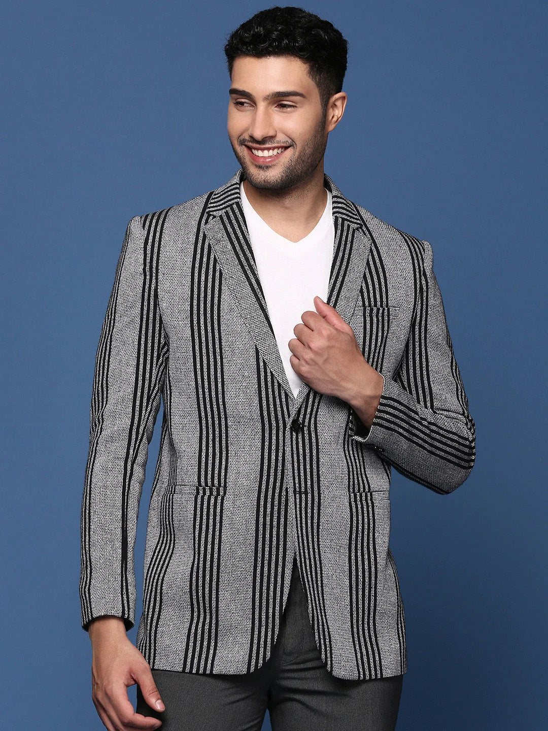 Grey Striped Cotton Nehru Jacket | Nehru Jacket for Wedding