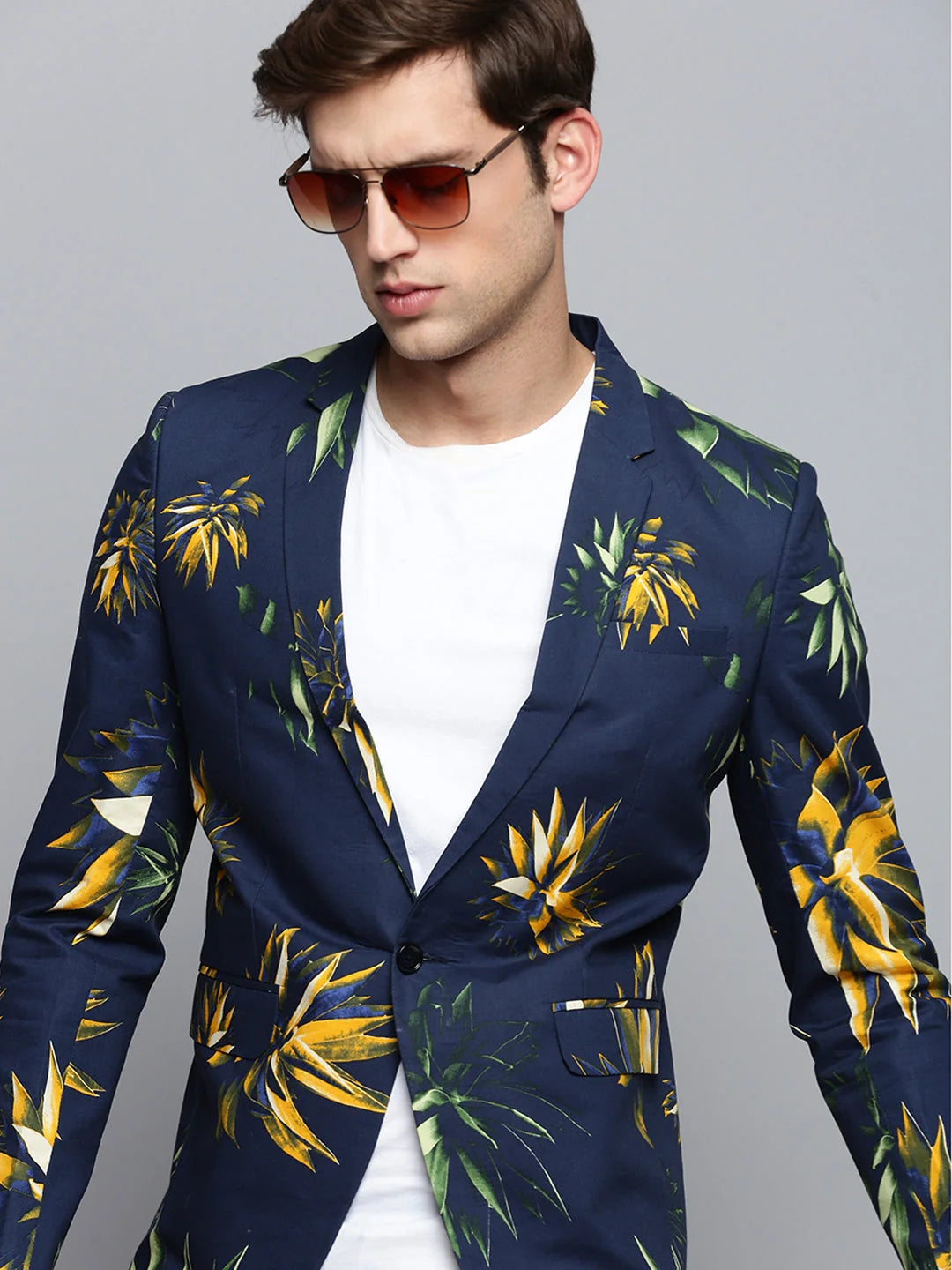 Navy Blue Printed Blazer - Stylish Men's Nehru Jacket