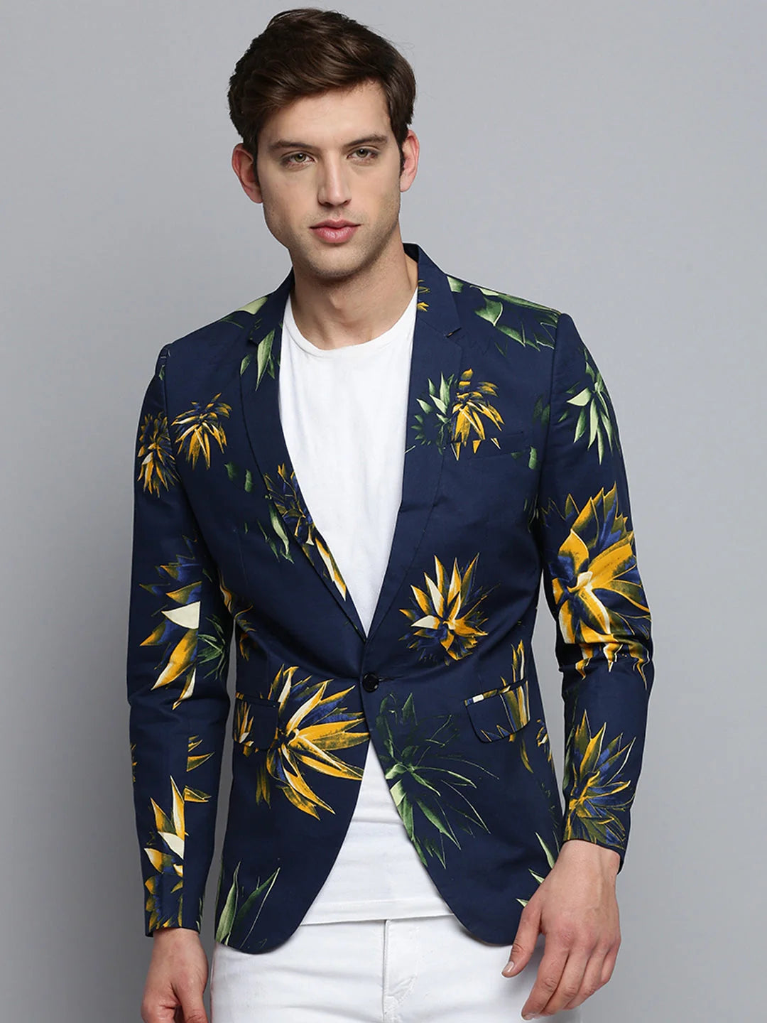 Navy Blue Printed Blazer - Stylish Men's Nehru Jacket