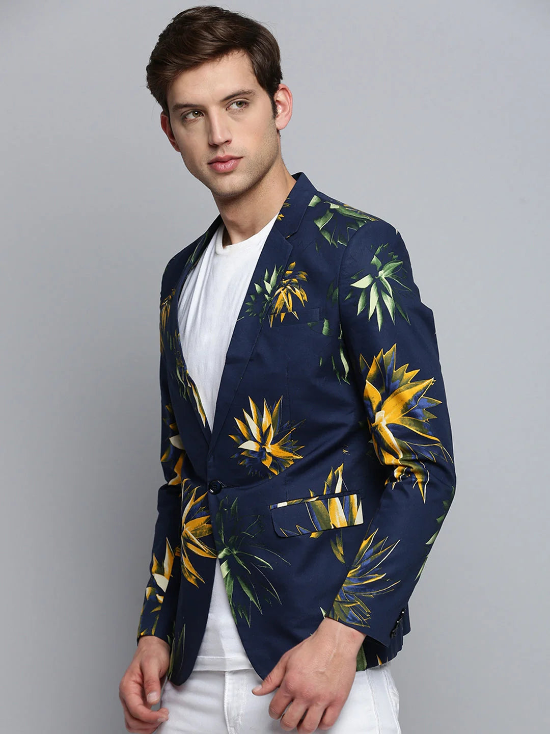 Navy Blue Printed Blazer - Stylish Men's Nehru Jacket