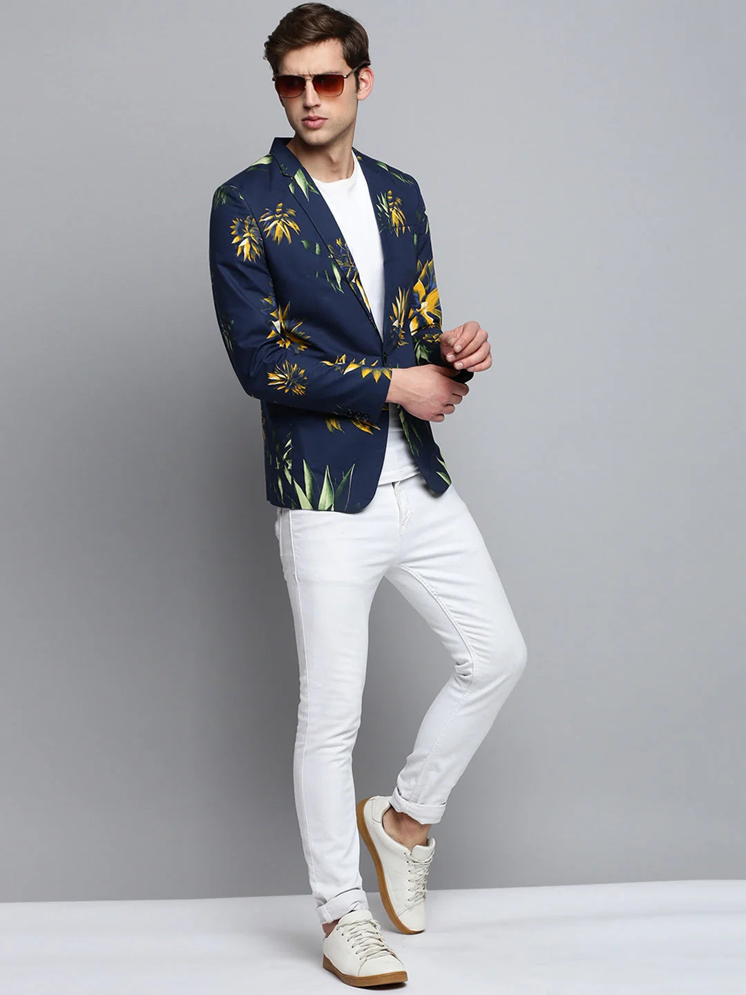 Navy Blue Printed Blazer - Stylish Men's Nehru Jacket
