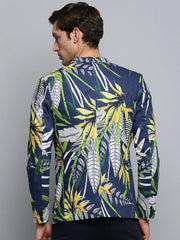 Men Notched Lapel Printed Navy Blue Blazer-SOBLZ-314-Navyblue