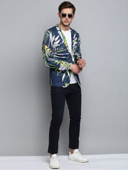 Men Notched Lapel Printed Navy Blue Blazer-SOBLZ-314-Navyblue