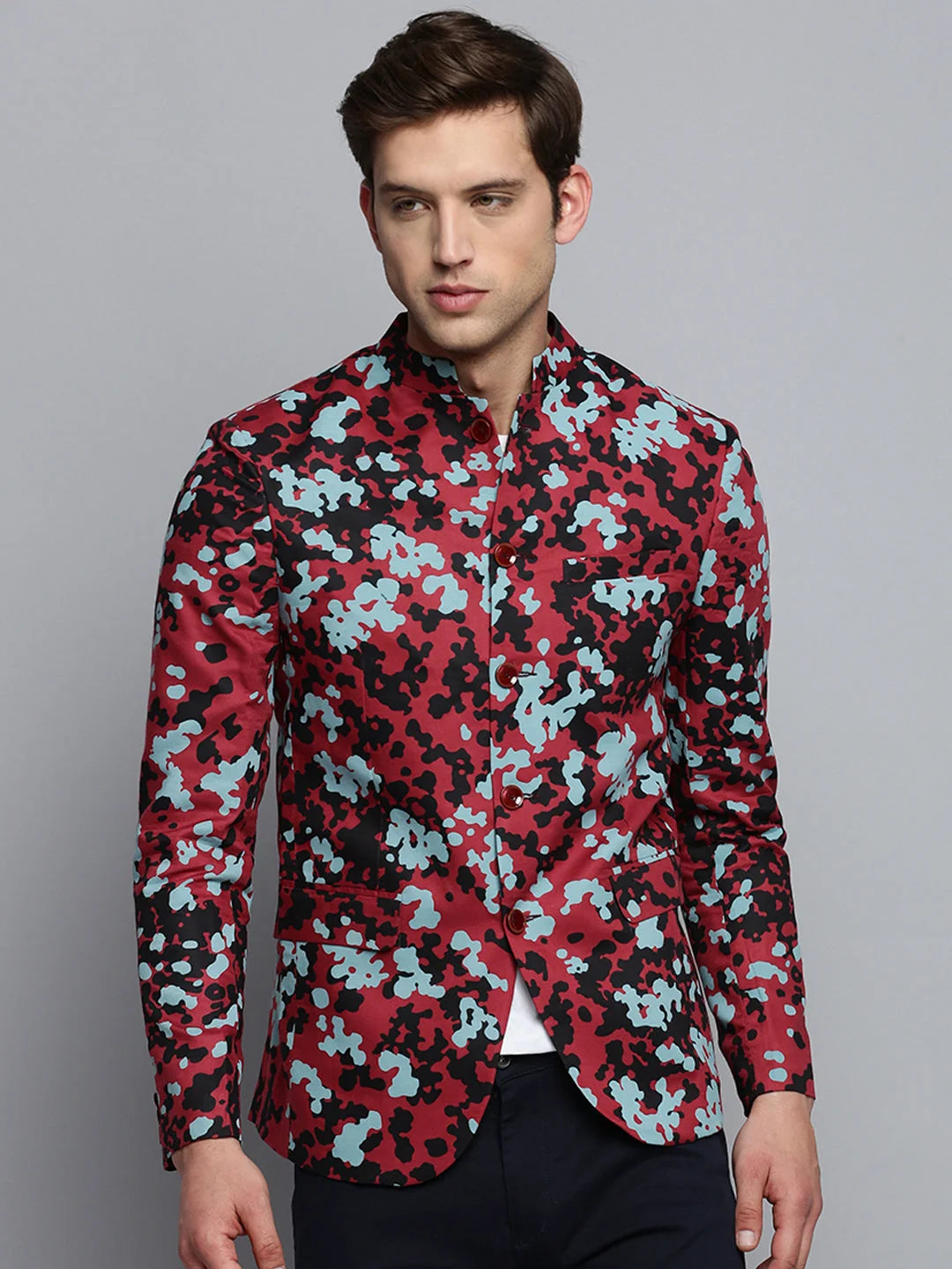Burgundy Printed Nehru Collar Blazer - Men's Ethnic Jacket