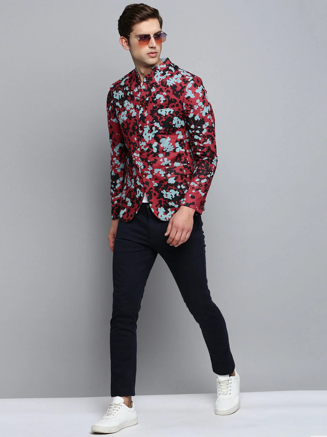 Burgundy Printed Nehru Collar Blazer - Men's Ethnic Jacket