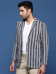 Men Navy Blue Slim Fit Single Breasted Blazer-SOBLZ-37A-Navyblue
