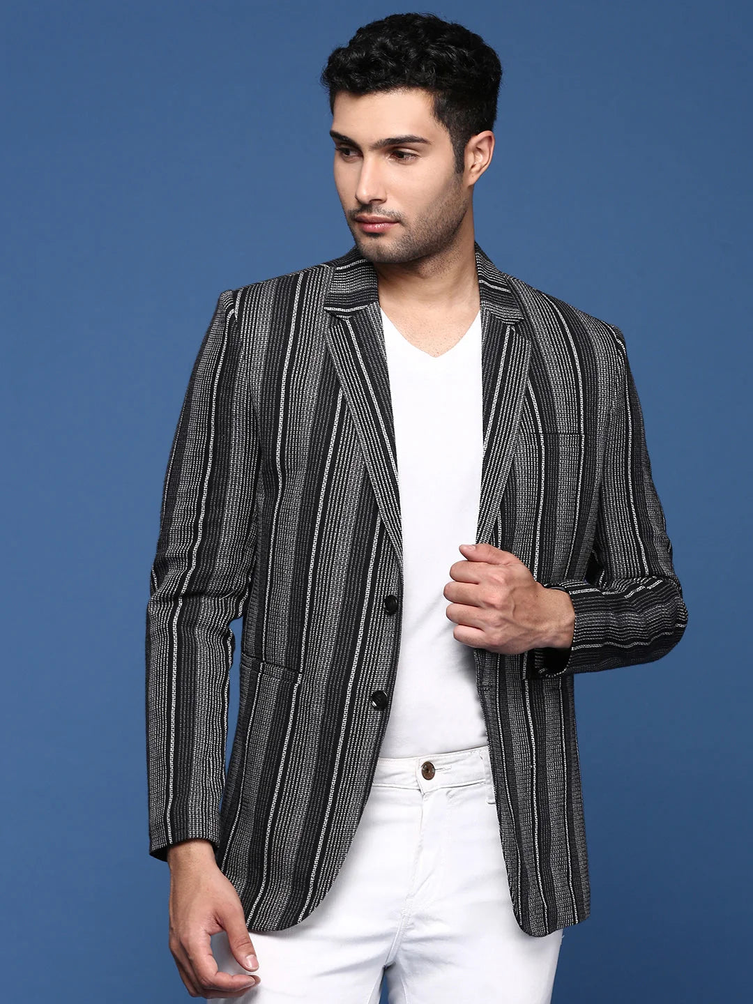 Black Striped Nehru Jacket: Slim Fit Modi Jacket for Men