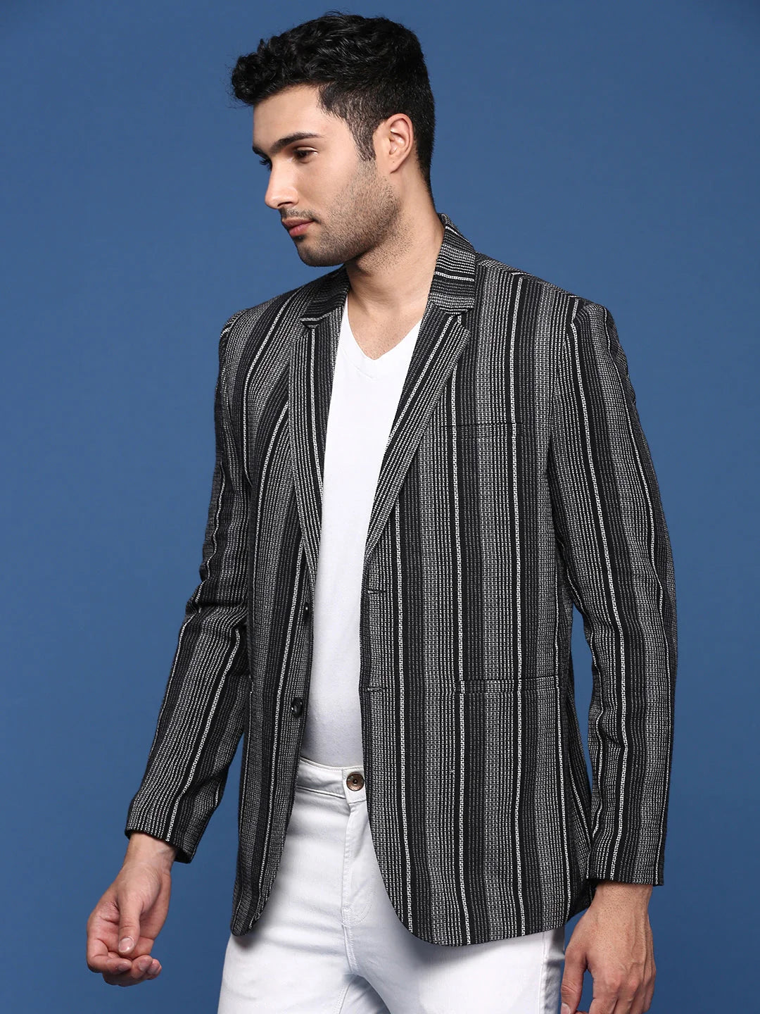 Black Striped Nehru Jacket: Slim Fit Modi Jacket for Men