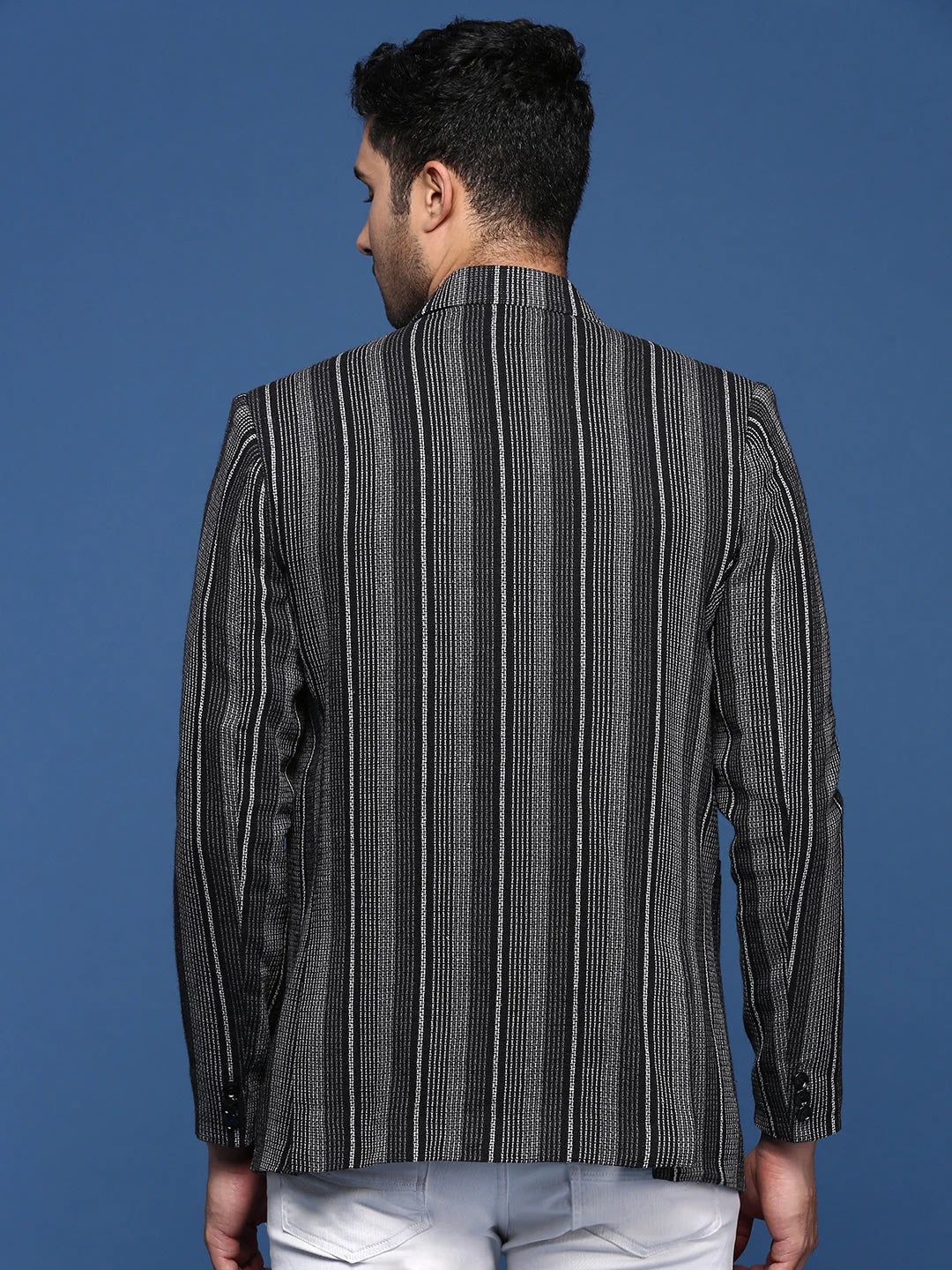 Black Striped Nehru Jacket: Slim Fit Modi Jacket for Men