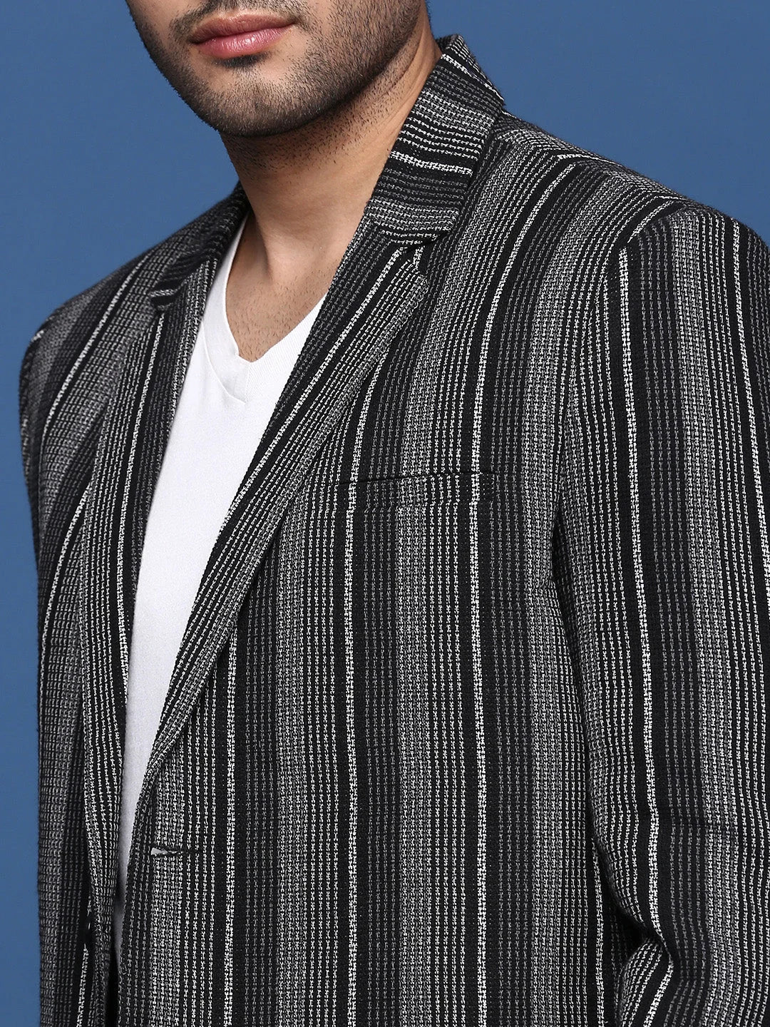 Black Striped Nehru Jacket: Slim Fit Modi Jacket for Men