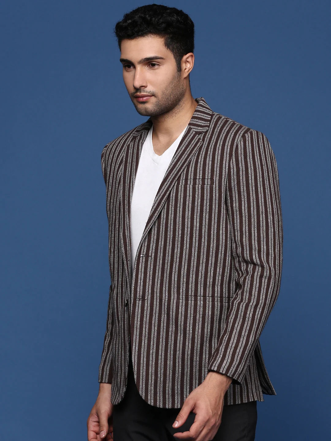 Brown Cotton Striped Nehru Jacket | Indian Nehru Jackets