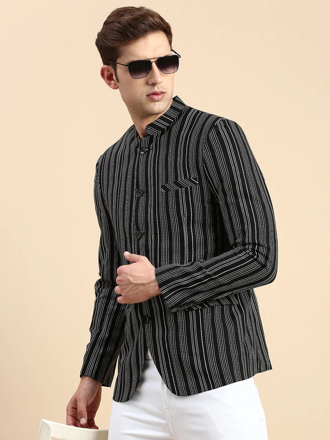 Striped Black Nehru Collar Blazer - Men's Cotton Jacket