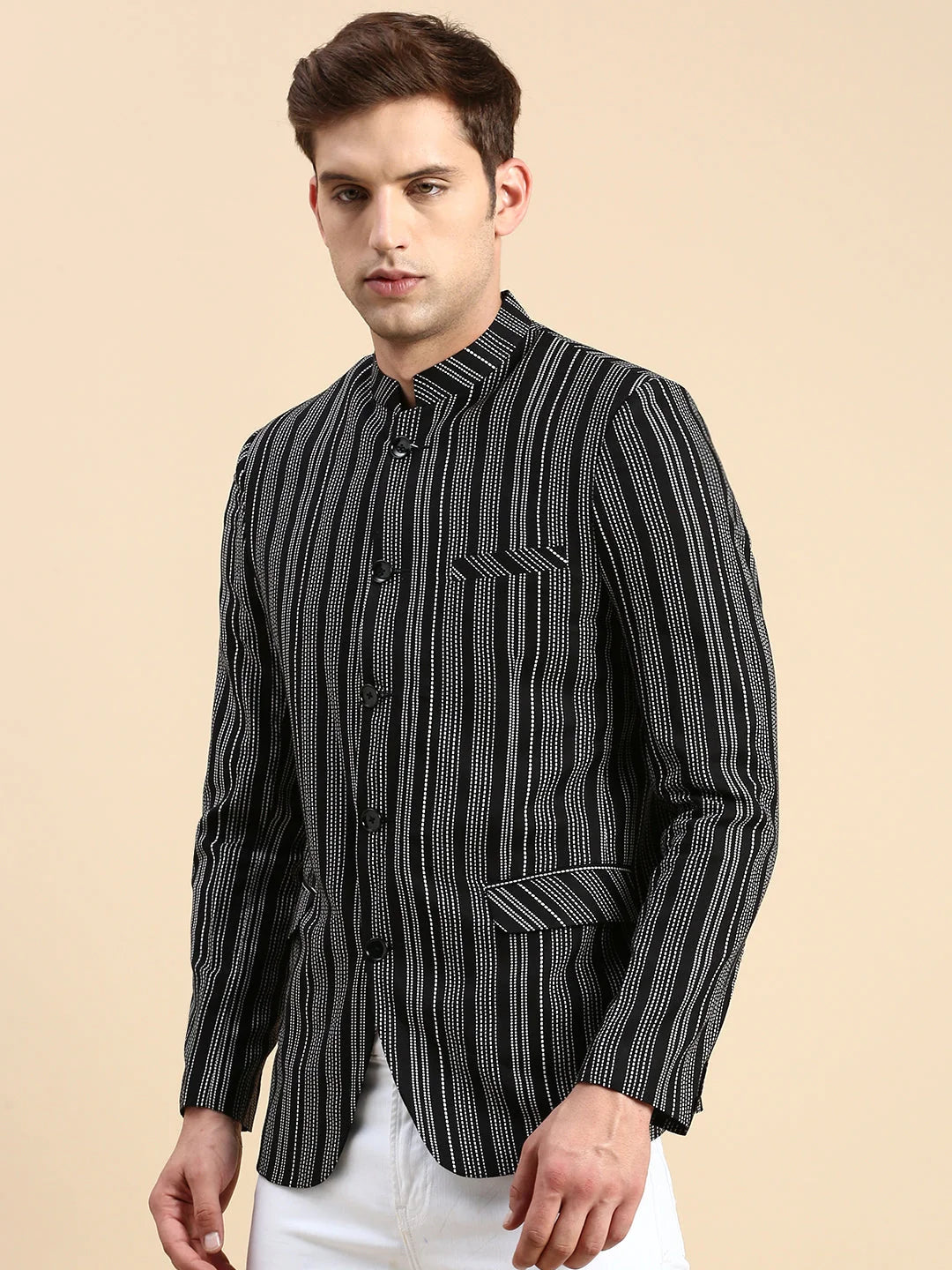 Striped Black Nehru Collar Blazer - Men's Cotton Jacket
