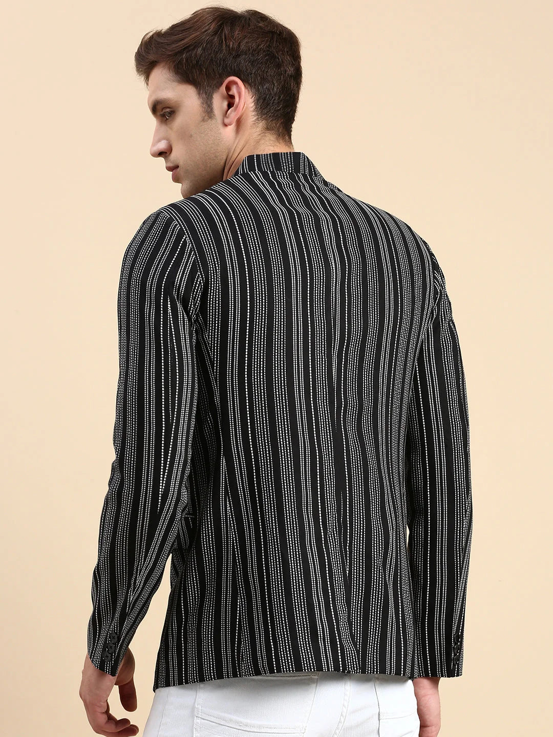 Striped Black Nehru Collar Blazer - Men's Cotton Jacket