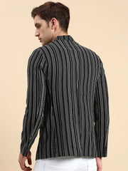 Men Mandarin Collar Striped Black Blazer-SOBLZ-79-7-Black