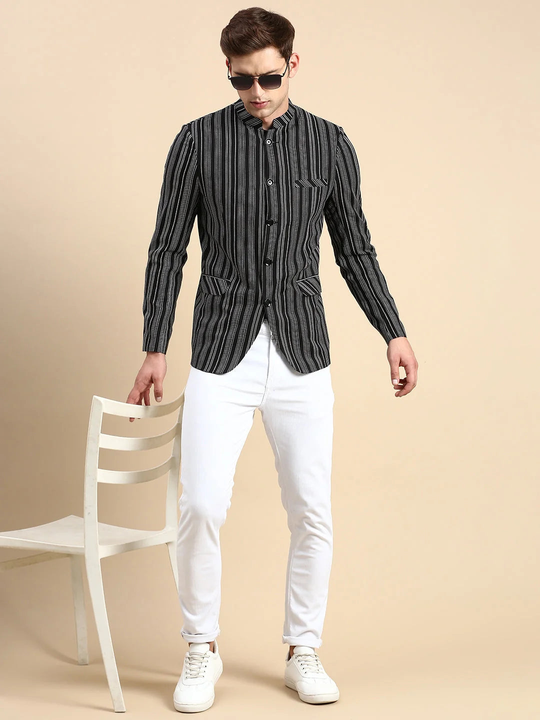 Striped Black Nehru Collar Blazer - Men's Cotton Jacket