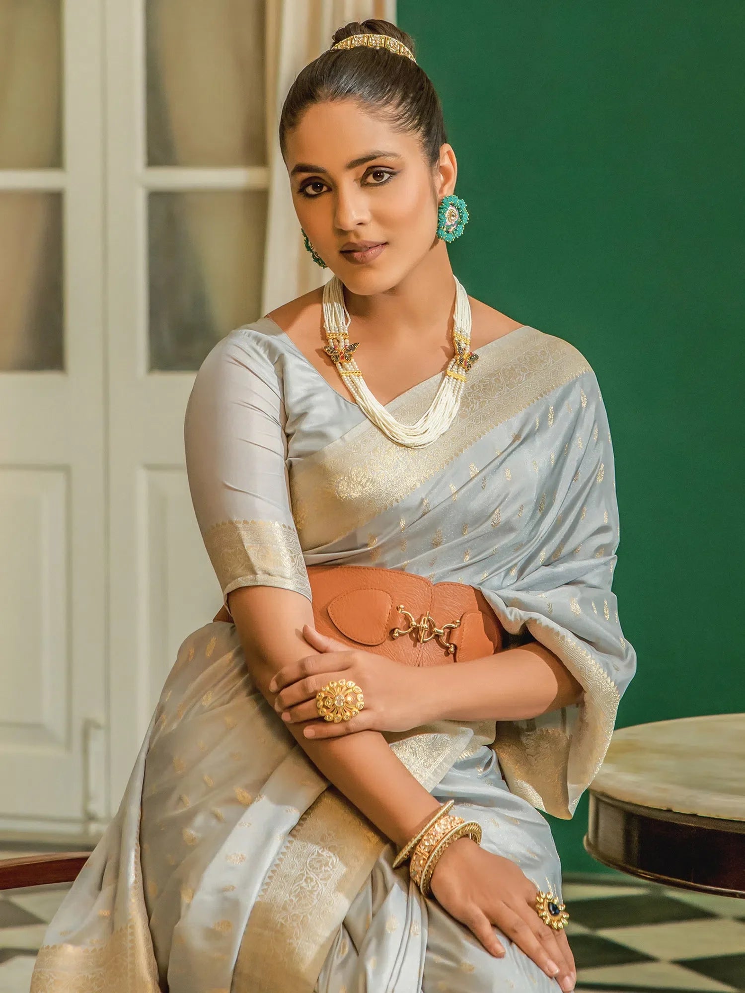 Elegant Grey Woven Polyester Saree with Blouse | Designer Sarees India