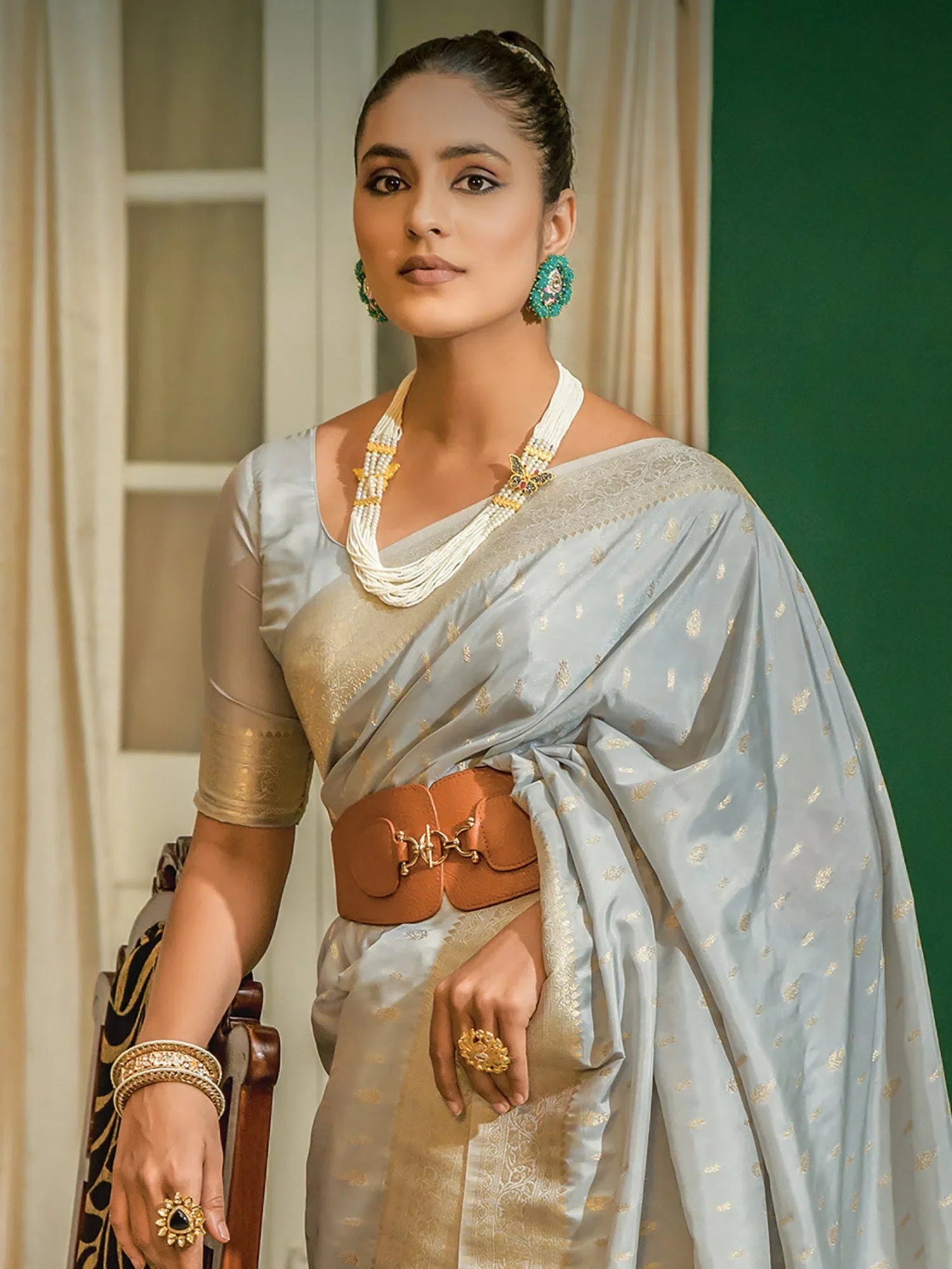 Elegant Grey Woven Polyester Saree with Blouse | Designer Sarees India