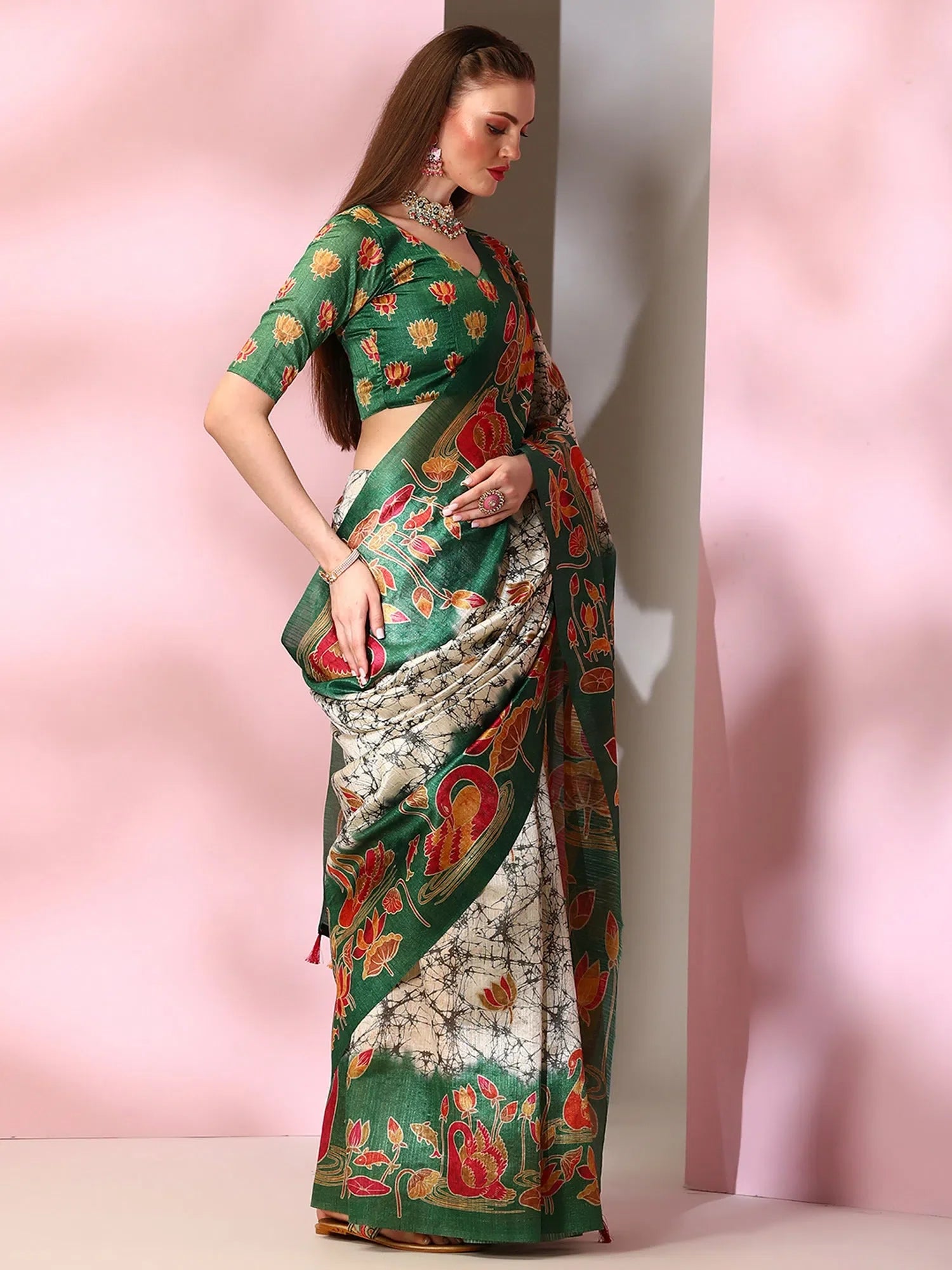 Graceful Green Printed Polyester Saree | Exclusive Indian Designer Wear