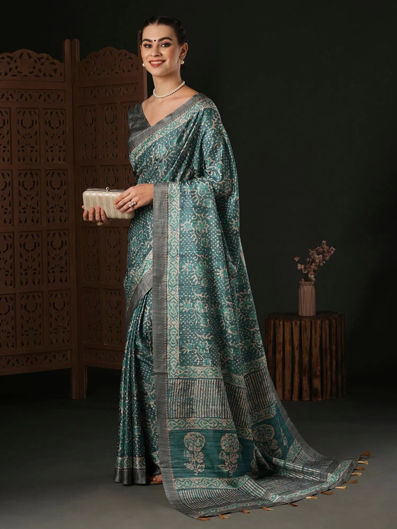 Grey Printed Polyester Saree | Designer Sarees India