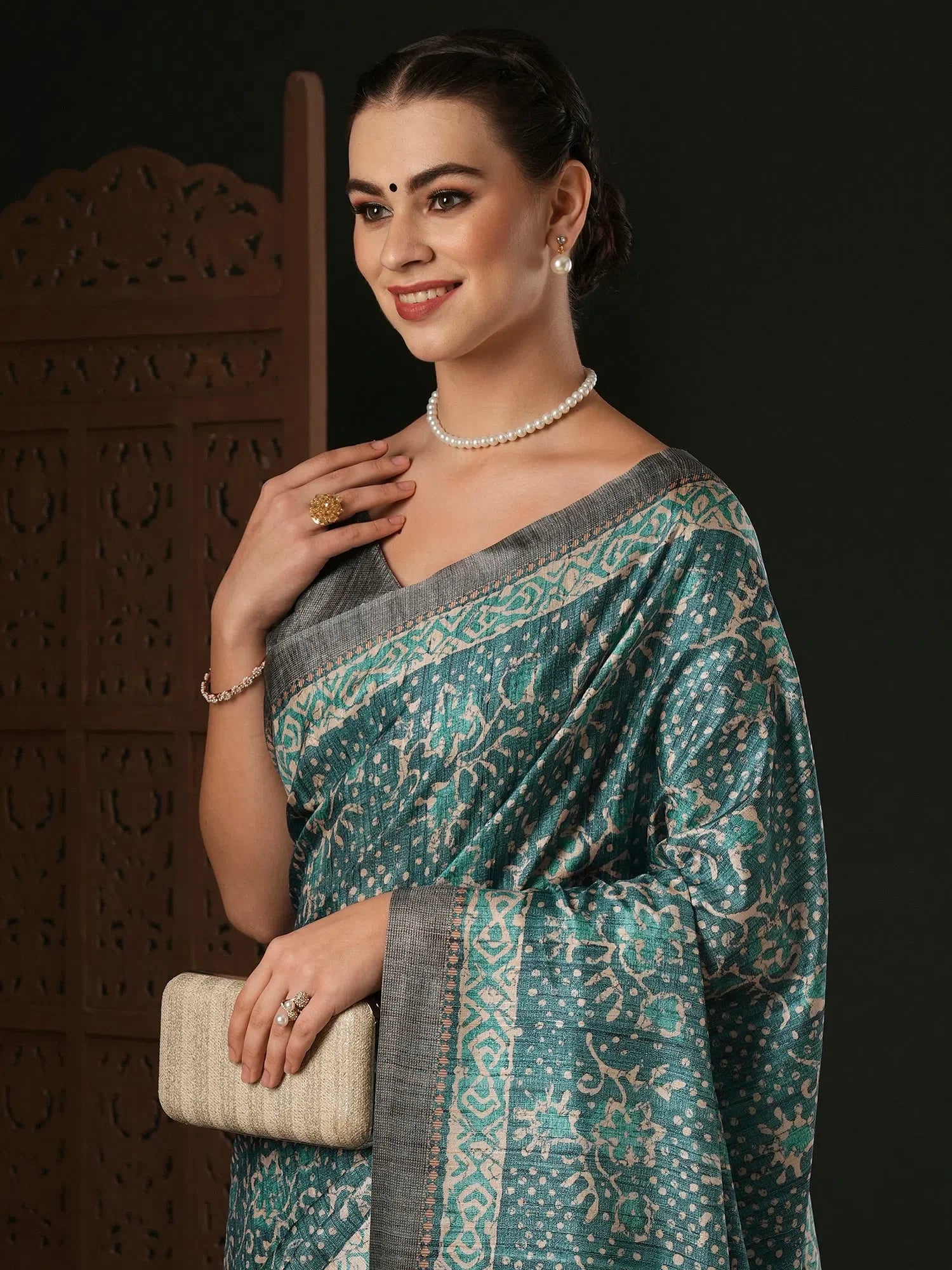 Grey Printed Polyester Saree | Designer Sarees India