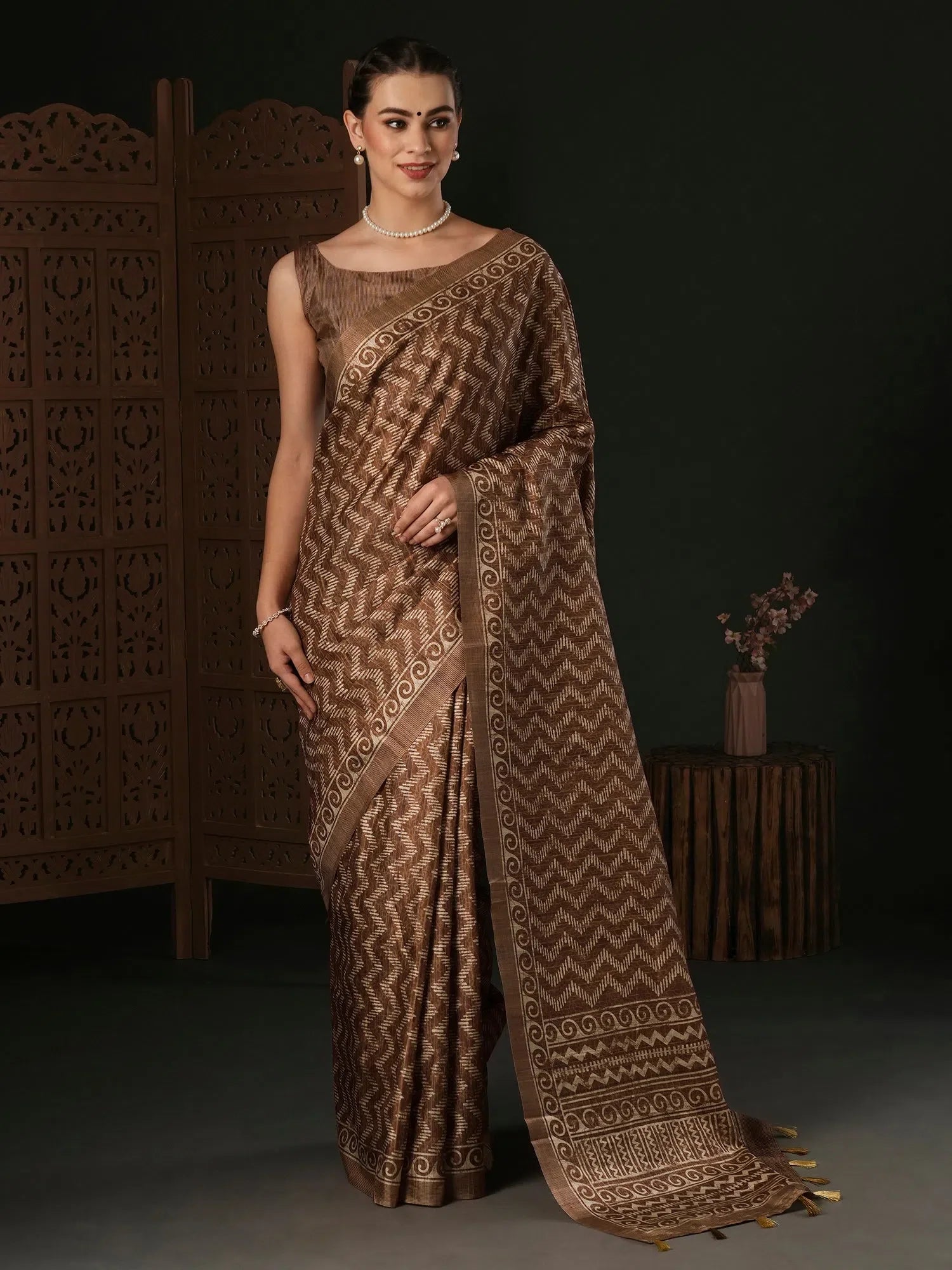 Brown Printed Polyester Saree - Indian Wedding Sarees