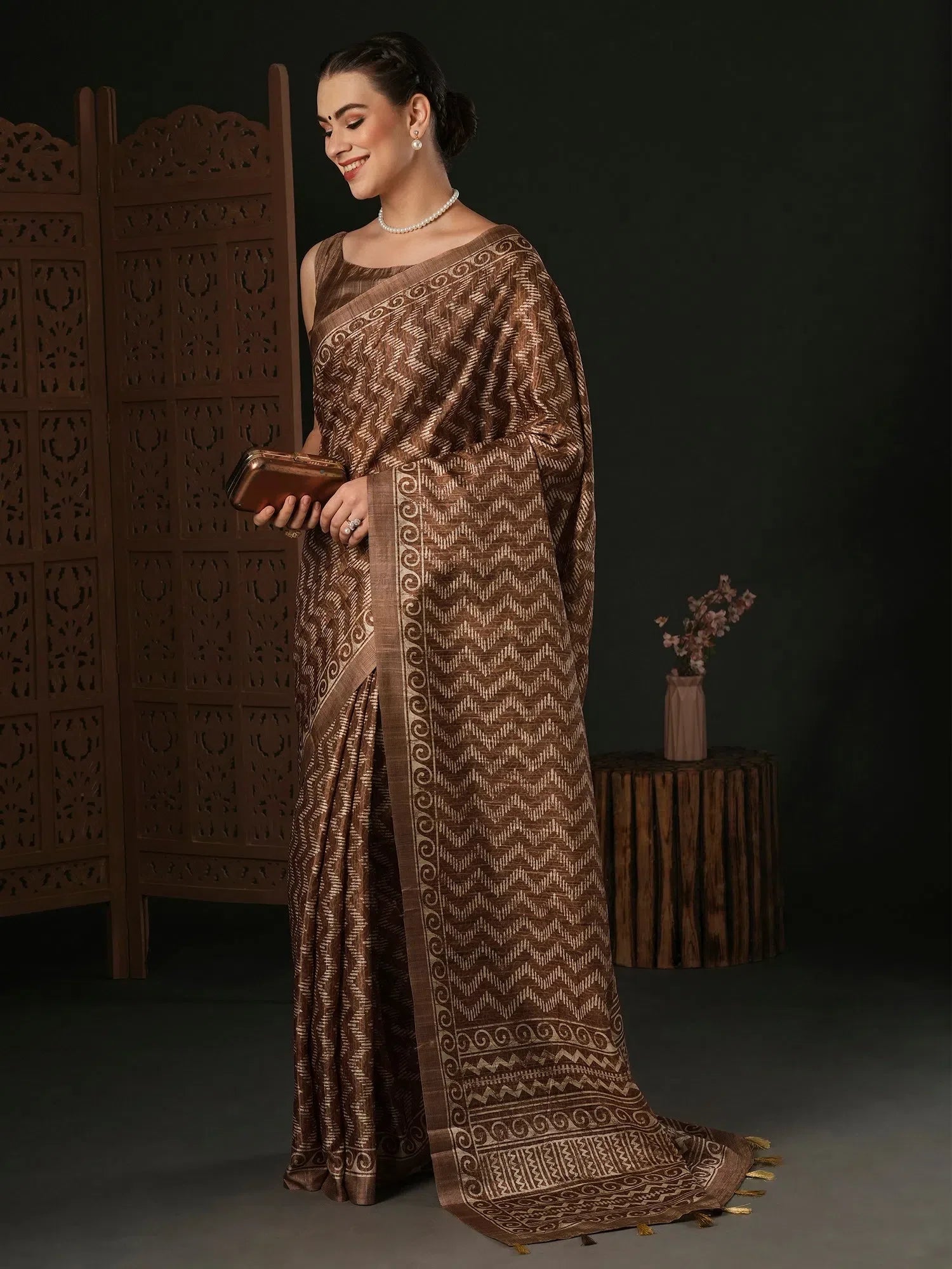 Brown Printed Polyester Saree - Indian Wedding Sarees