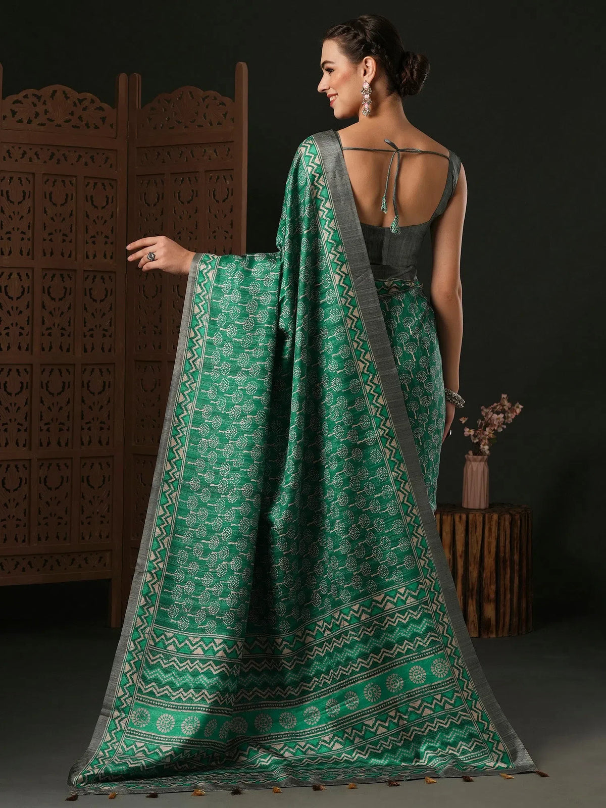 Women's Organza Sea Green Printed Designer Saree With Blouse Piece-SALILA201