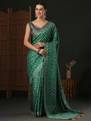 Women's Organza Sea Green Printed Designer Saree With Blouse Piece-SALILA201