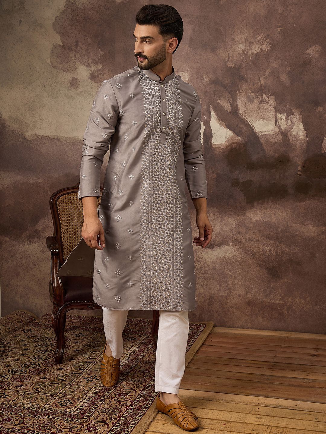 Ethnic Bay Men Grey Silk Blend Solid Embroidered Straight Kurta With Pant Set-MKSET1420