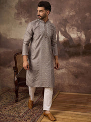 Ethnic Bay Men Grey Silk Blend Solid Embroidered Straight Kurta With Pant Set-MKSET1420