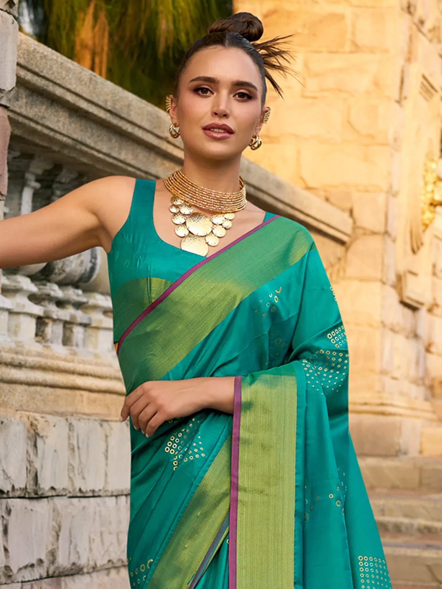 Teal Blue Designer Sarees India - Woven Polyester Saree
