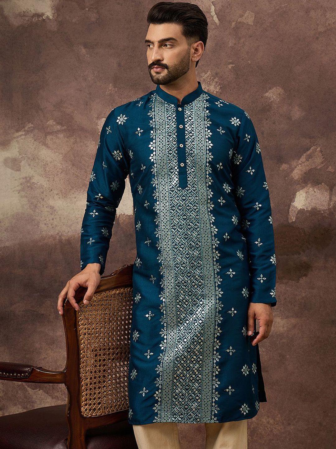 Ethnic Bay Men Blue Silk Blend Solid Embroidered Straight Kurta With Pant Set-MKSET1371