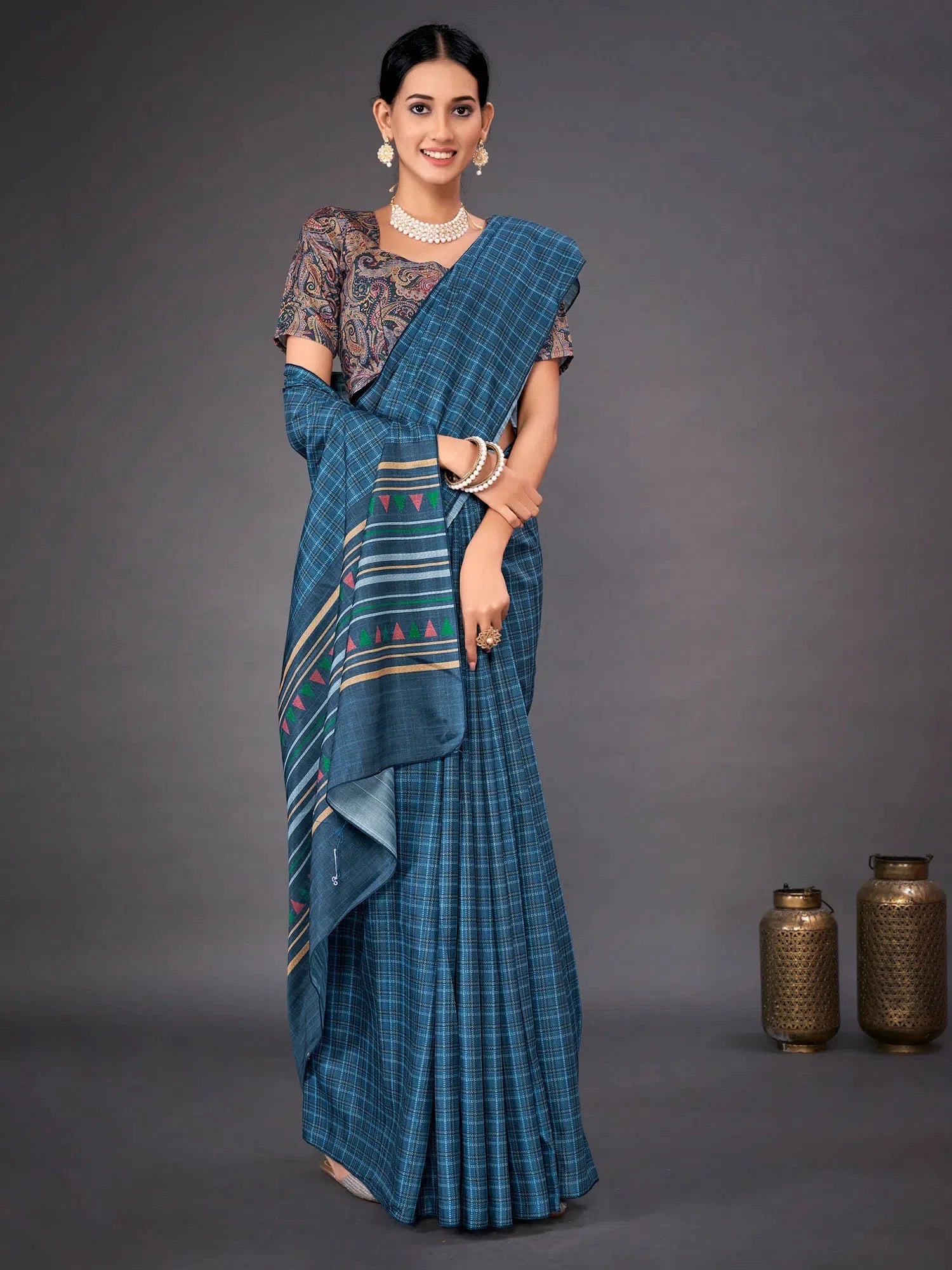Stylish Teal Blue Printed Polyester Saree | Premium Indian Sarees