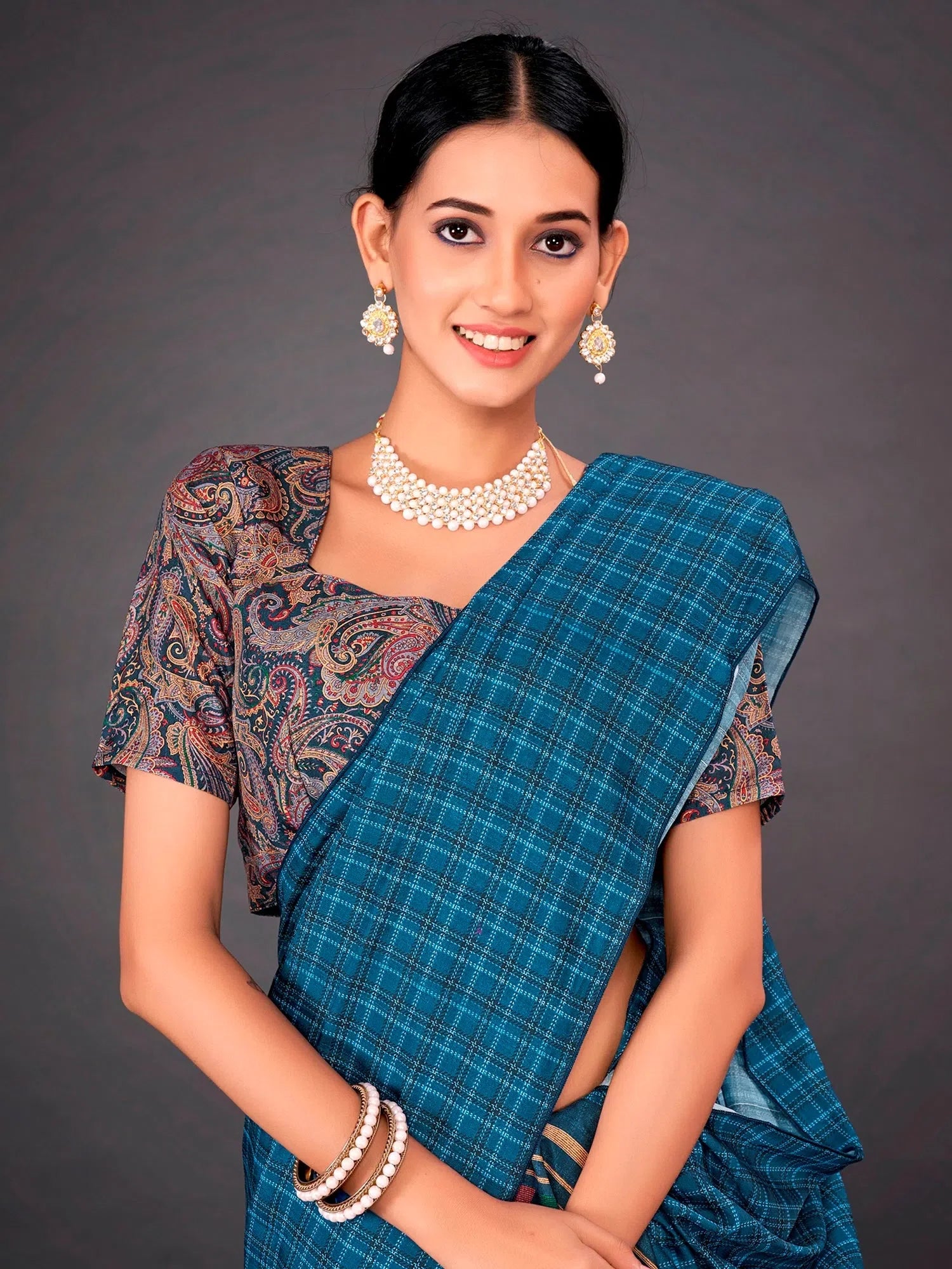 Stylish Teal Blue Printed Polyester Saree | Premium Indian Sarees