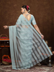 Stylum Women's Aqua Ethnic Striped Embroidered Net Saree (SRAQUAROBIN)