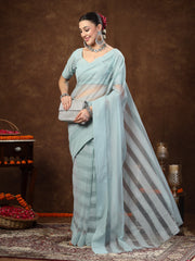 Stylum Women's Aqua Ethnic Striped Embroidered Net Saree (SRAQUAROBIN)