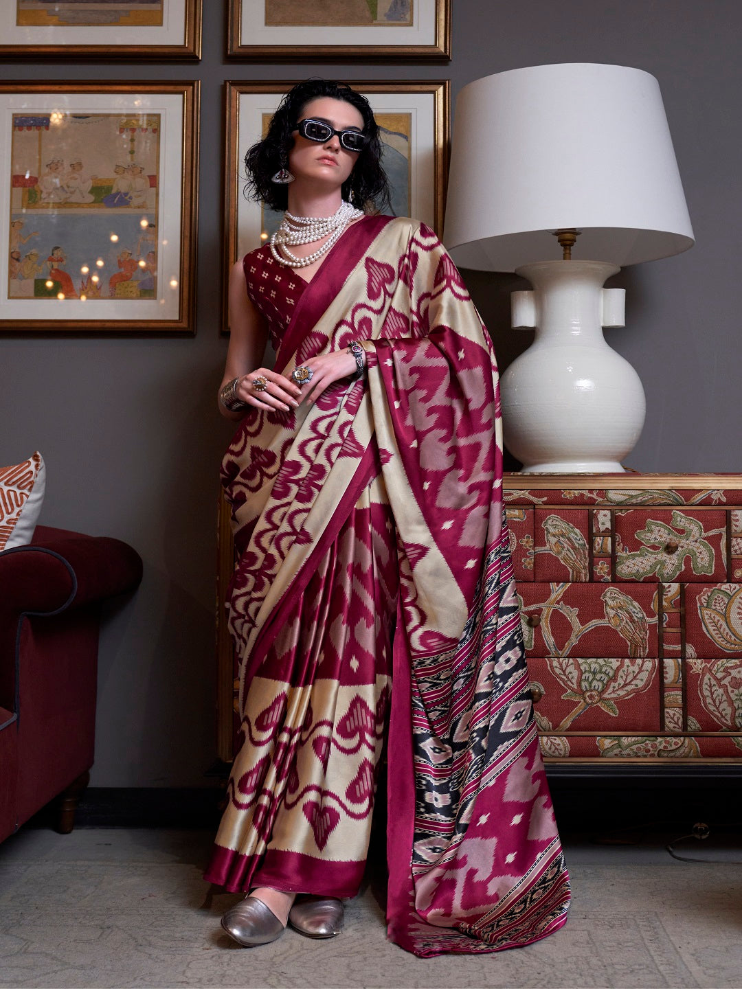 Women's Maroon Printed Satin Saree with Unstitched Blouser Piece (SRBA