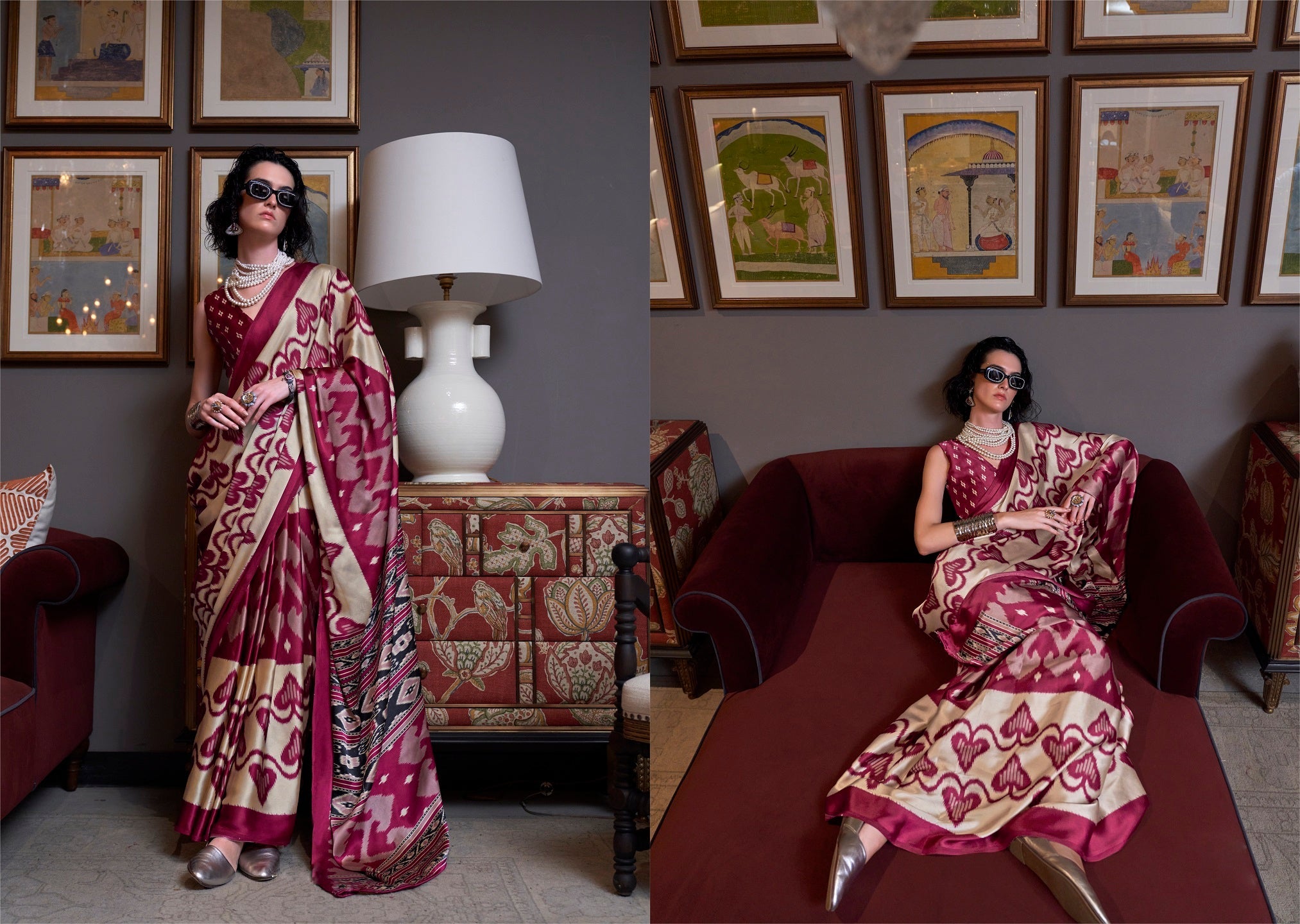 Women's Maroon Printed Satin Saree with Unstitched Blouser Piece (SRBA
