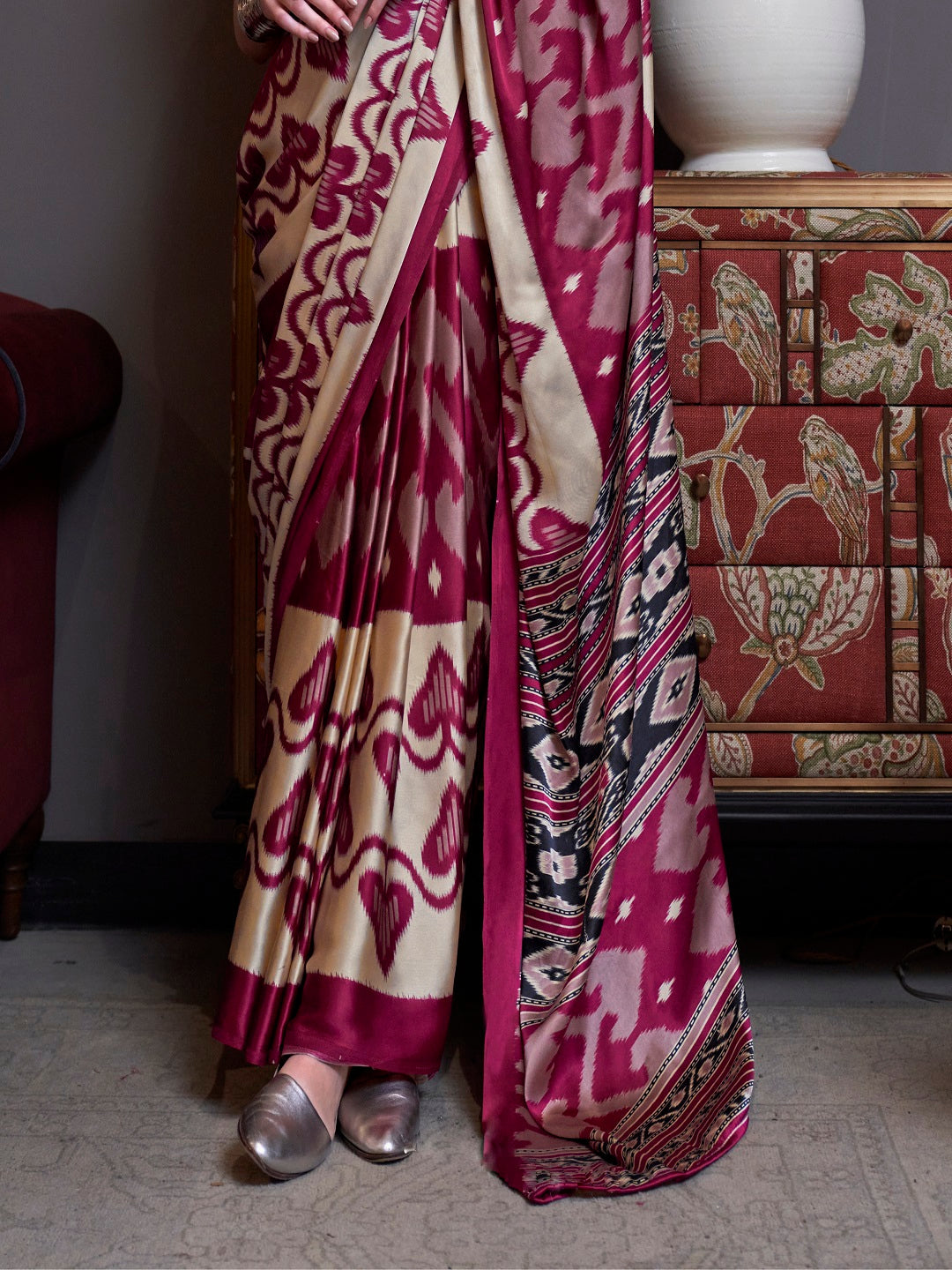 Women's Maroon Printed Satin Saree with Unstitched Blouser Piece (SRBA