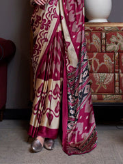 Stylum Women's Maroon Printed Satin Saree with Unstitched Blouser Piece (SRBAZUKAMAROON)